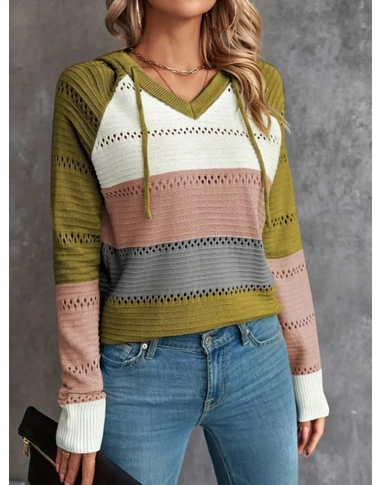 Kadın Uzun Kollu V Yakalı Bağcıklı Kapşonlu Triko Bluz