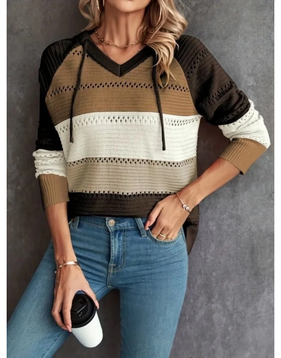 Kadın Uzun Kollu V Yakalı Bağcıklı Kapşonlu Triko Bluz