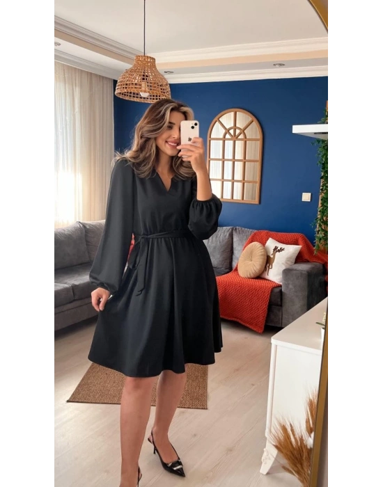 Kadın Uzun Kollu V Yakalı Belden Kuşaklı Kiloş Krep Elbise