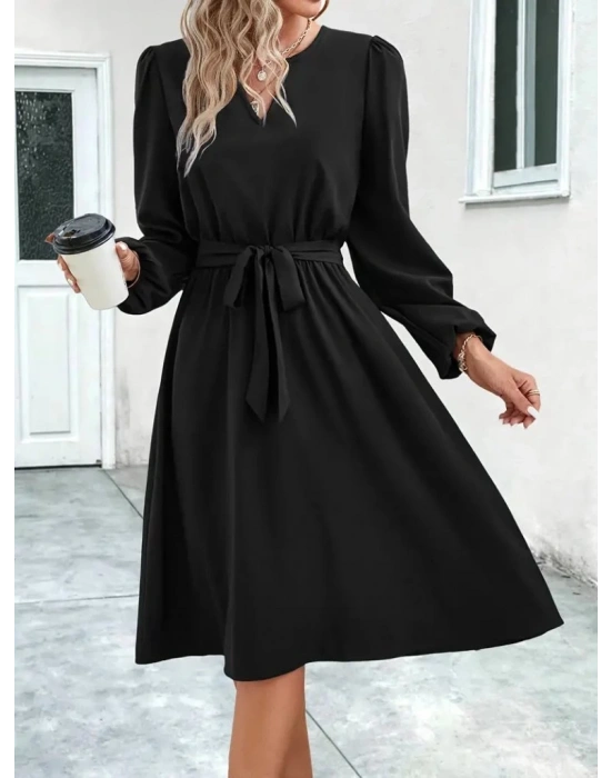 Kadın Uzun Kollu V Yakalı Belden Kuşaklı Kiloş Krep Elbise