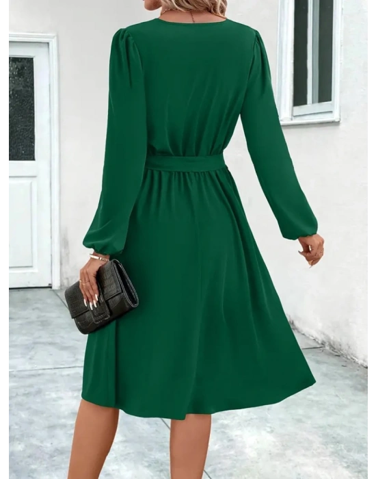 Kadın Uzun Kollu V Yakalı Belden Kuşaklı Kiloş Krep Elbise