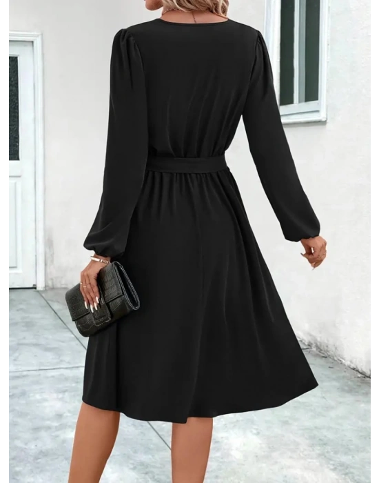 Kadın Uzun Kollu V Yakalı Belden Kuşaklı Kiloş Krep Elbise