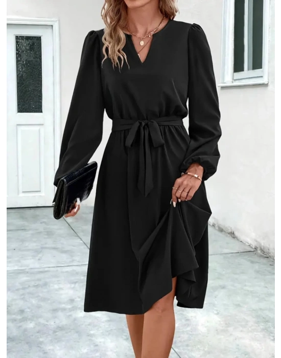 Kadın Uzun Kollu V Yakalı Belden Kuşaklı Kiloş Krep Elbise