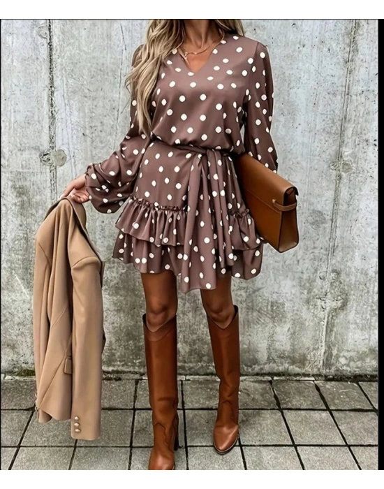 Kadın Uzun Kollu V Yakalı Belden Kuşaklı Puantiyeli Mini Modal Elbise