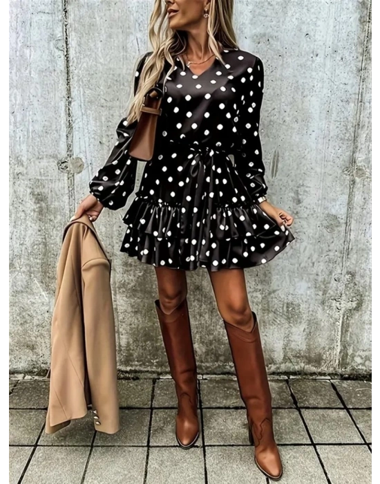 Kadın Uzun Kollu V Yakalı Belden Kuşaklı Puantiyeli Mini Modal Elbise