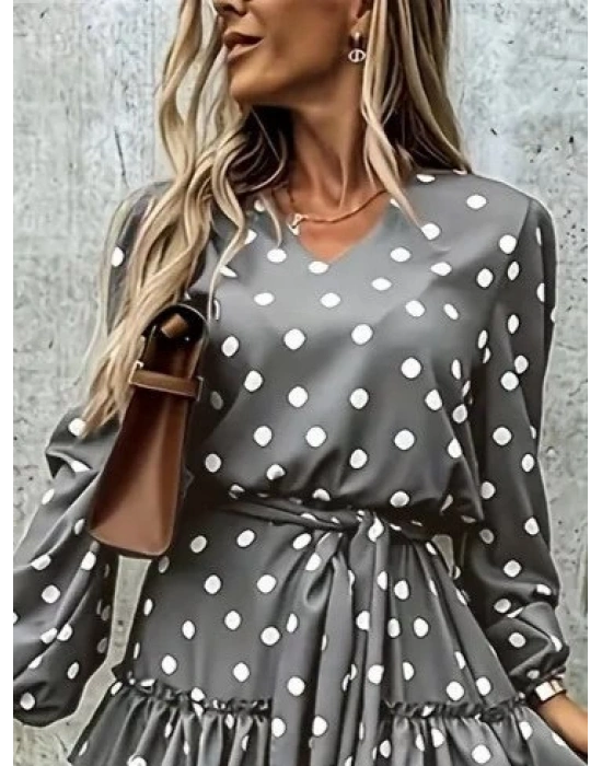 Kadın Uzun Kollu V Yakalı Belden Kuşaklı Puantiyeli Mini Modal Elbise