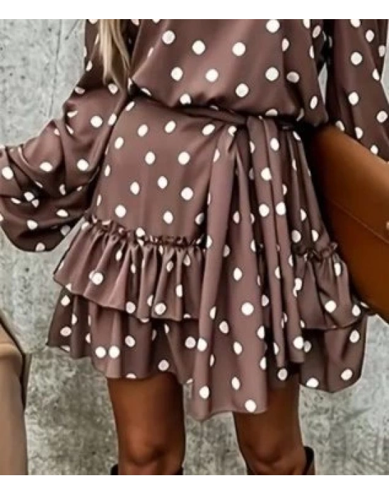 Kadın Uzun Kollu V Yakalı Belden Kuşaklı Puantiyeli Mini Modal Elbise