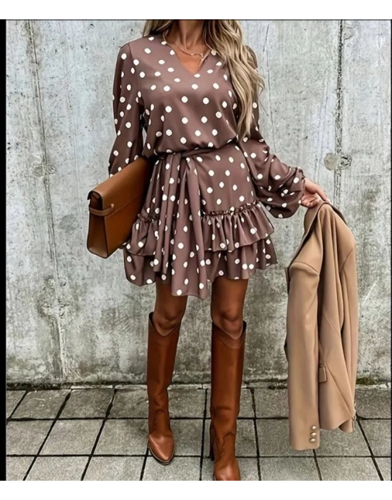 Kadın Uzun Kollu V Yakalı Belden Kuşaklı Puantiyeli Mini Modal Elbise