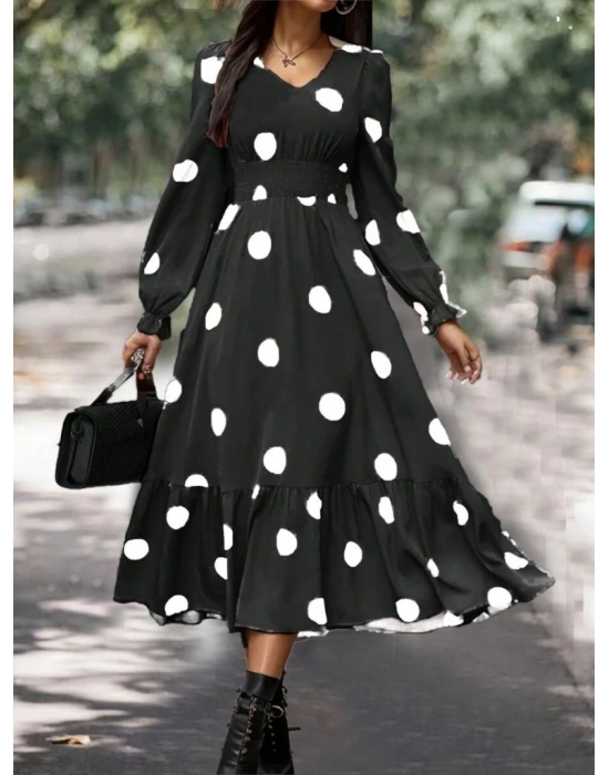 Kadın Uzun Kollu V Yakalı Beli Lastikli Puantiyeli Uzun Krep Elbise