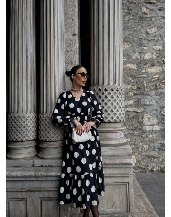 Kadın Uzun Kollu V Yakalı Beli Lastikli Puantiyeli Uzun Krep Elbise