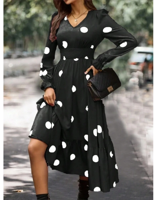 Kadın Uzun Kollu V Yakalı Beli Lastikli Puantiyeli Uzun Krep Elbise