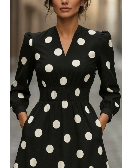 Kadın Uzun Kollu V Yakalı Beli Lastikli Puantiyeli Uzun Krep Elbise