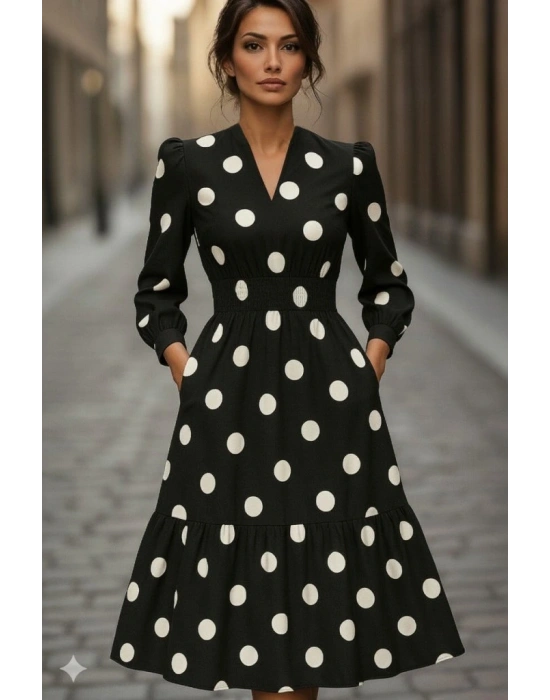 Kadın Uzun Kollu V Yakalı Beli Lastikli Puantiyeli Uzun Krep Elbise