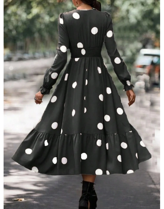 Kadın Uzun Kollu V Yakalı Beli Lastikli Puantiyeli Uzun Krep Elbise