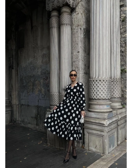 Kadın Uzun Kollu V Yakalı Beli Lastikli Puantiyeli Uzun Krep Elbise