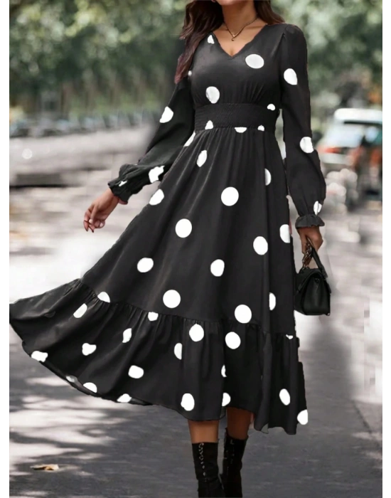 Kadın Uzun Kollu V Yakalı Beli Lastikli Puantiyeli Uzun Krep Elbise