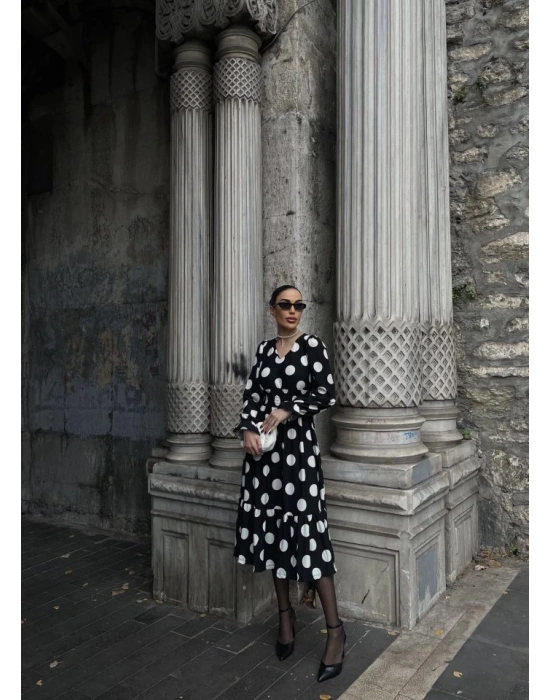 Kadın Uzun Kollu V Yakalı Beli Lastikli Puantiyeli Uzun Krep Elbise