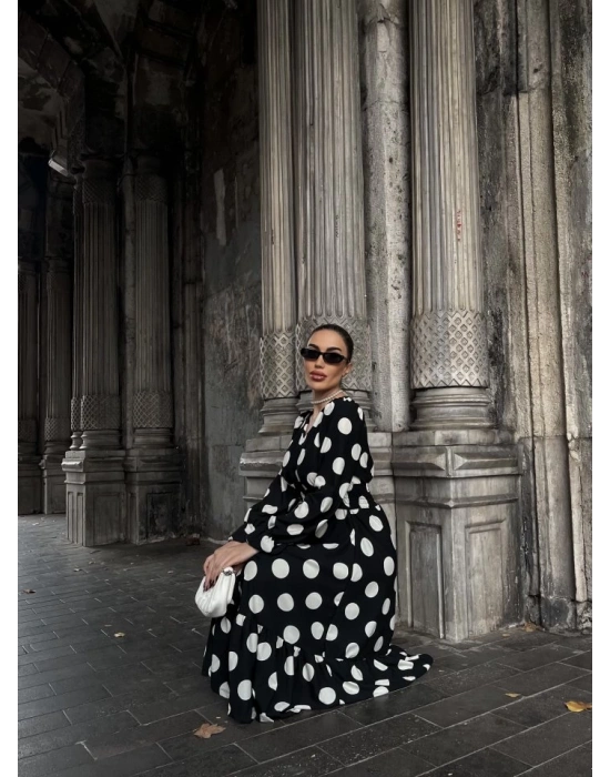 Kadın Uzun Kollu V Yakalı Beli Lastikli Puantiyeli Uzun Krep Elbise