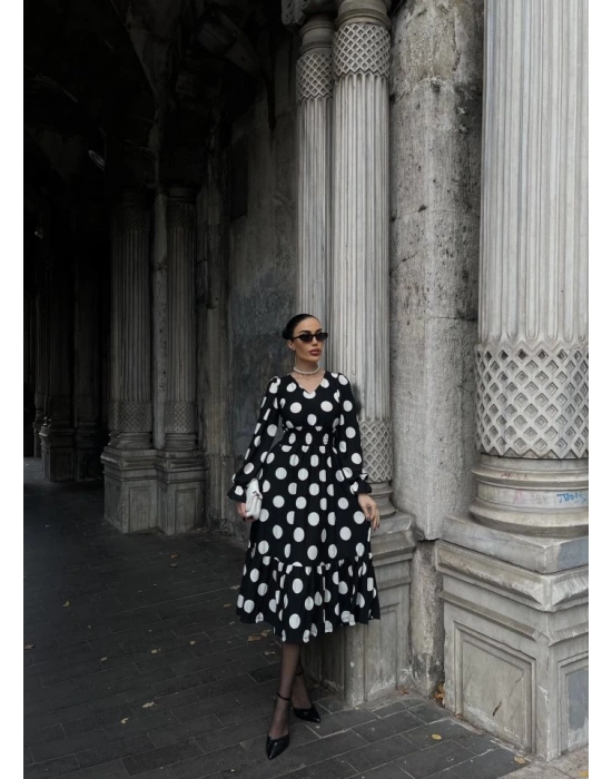 Kadın Uzun Kollu V Yakalı Beli Lastikli Puantiyeli Uzun Krep Elbise