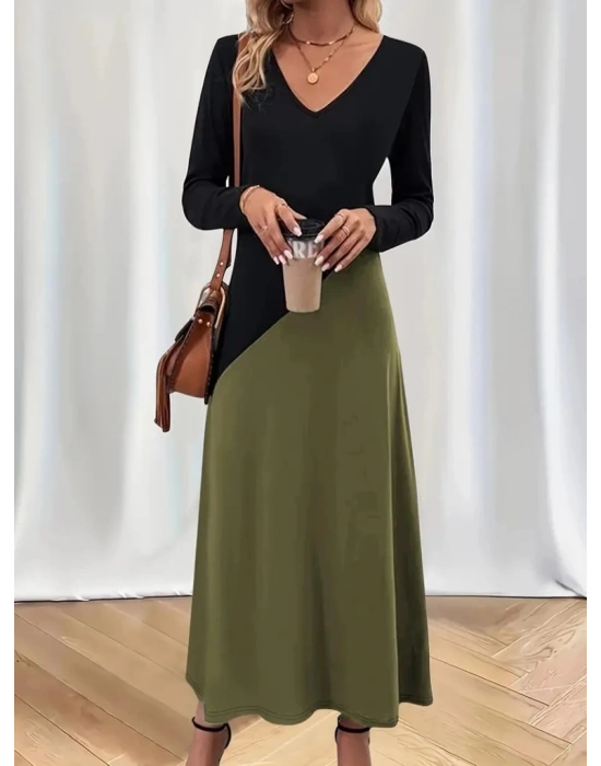 Kadın Uzun Kollu V Yakalı Blok Desenli Viskon Elbise