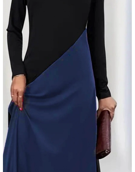 Kadın Uzun Kollu V Yakalı Blok Desenli Viskon Elbise