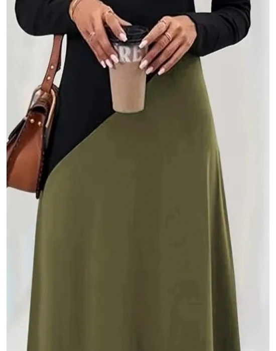 Kadın Uzun Kollu V Yakalı Blok Desenli Viskon Elbise