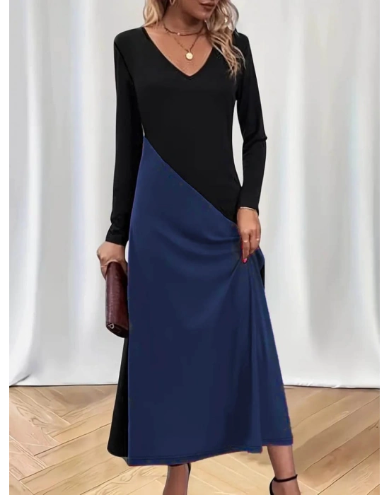 Kadın Uzun Kollu V Yakalı Blok Desenli Viskon Elbise