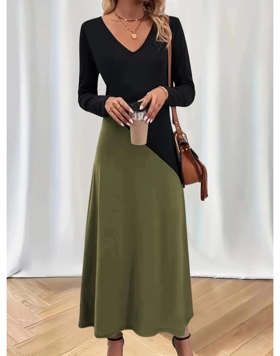 Kadın Uzun Kollu V Yakalı Blok Desenli Viskon Elbise