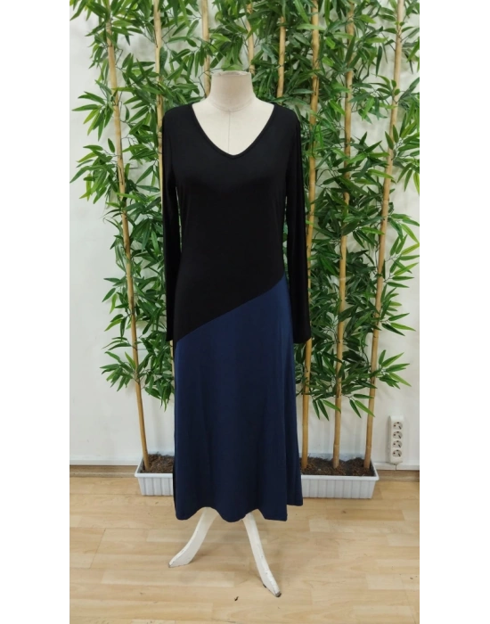 Kadın Uzun Kollu V Yakalı Blok Desenli Viskon Elbise