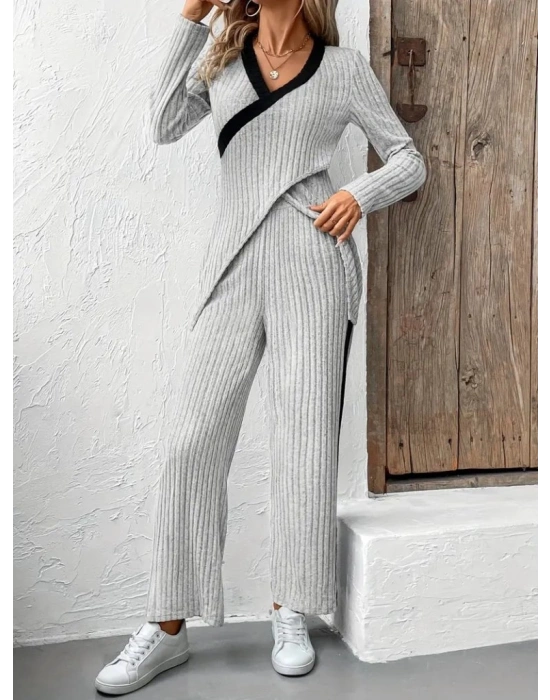 Kadın Uzun Kollu V Yakalı çapraz Detaylı şardonlu Kaşkorse Bluz Ve Pantolon Ikili Takım