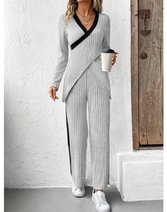 Kadın Uzun Kollu V Yakalı çapraz Detaylı şardonlu Kaşkorse Bluz Ve Pantolon Ikili Takım