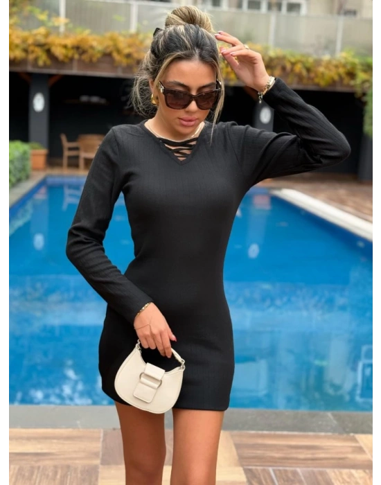 Kadın Uzun Kollu V Yakalı çapraz şerit Detaylı şardonlu Kaşkorse Midi Elbise