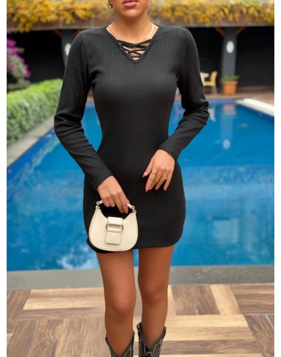 Kadın Uzun Kollu V Yakalı çapraz şerit Detaylı şardonlu Kaşkorse Midi Elbise