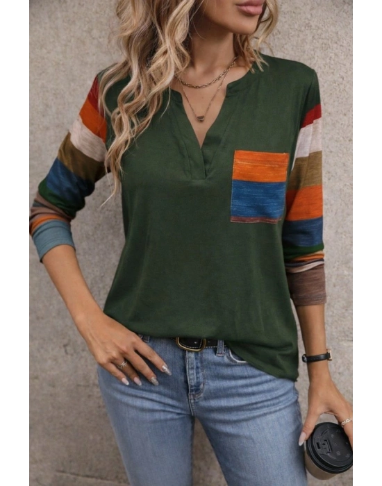 Kadın Uzun Kollu V Yakalı Cepli çok Renkli Viskon Bluz