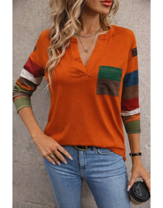 Kadın Uzun Kollu V Yakalı Cepli çok Renkli Viskon Bluz