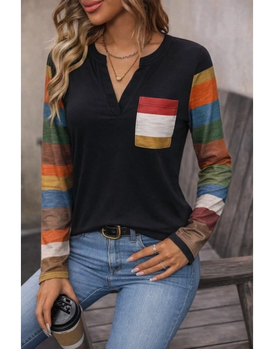 Kadın Uzun Kollu V Yakalı Cepli çok Renkli Viskon Bluz
