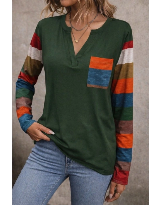 Kadın Uzun Kollu V Yakalı Cepli çok Renkli Viskon Bluz