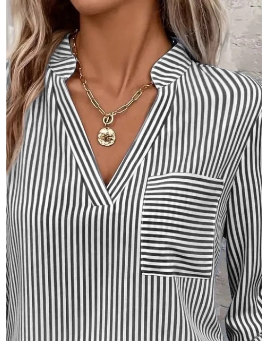 Kadın Uzun Kollu V Yakalı Cepli Dokuma Gömlek