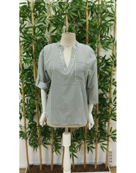 Kadın Uzun Kollu V Yakalı Cepli Dokuma Gömlek