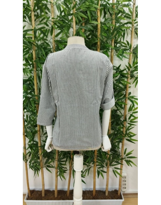 Kadın Uzun Kollu V Yakalı Cepli Dokuma Gömlek