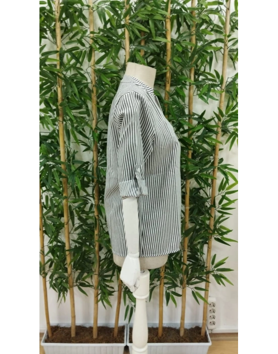 Kadın Uzun Kollu V Yakalı Cepli Dokuma Gömlek