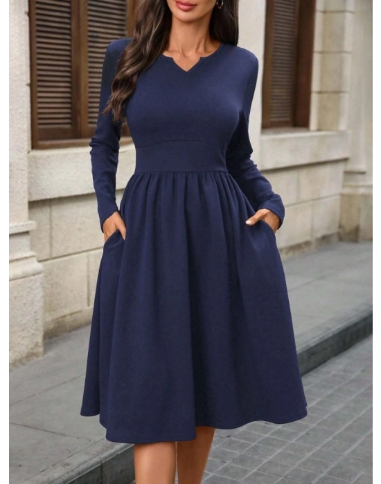 Kadın Uzun Kollu V Yakalı Cepli Midi Ithal Krep Elbise