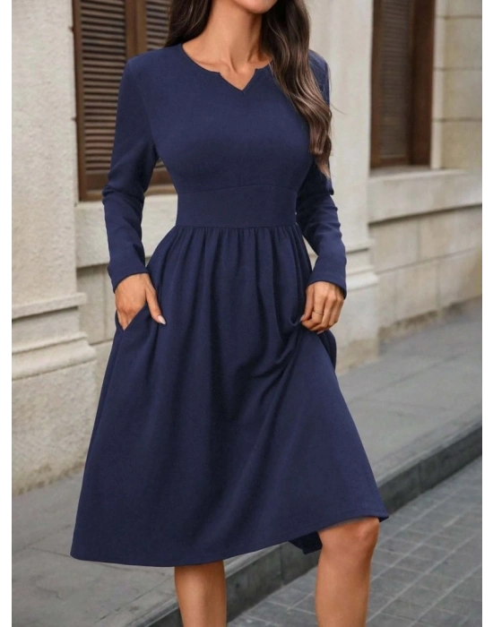 Kadın Uzun Kollu V Yakalı Cepli Midi Ithal Krep Elbise