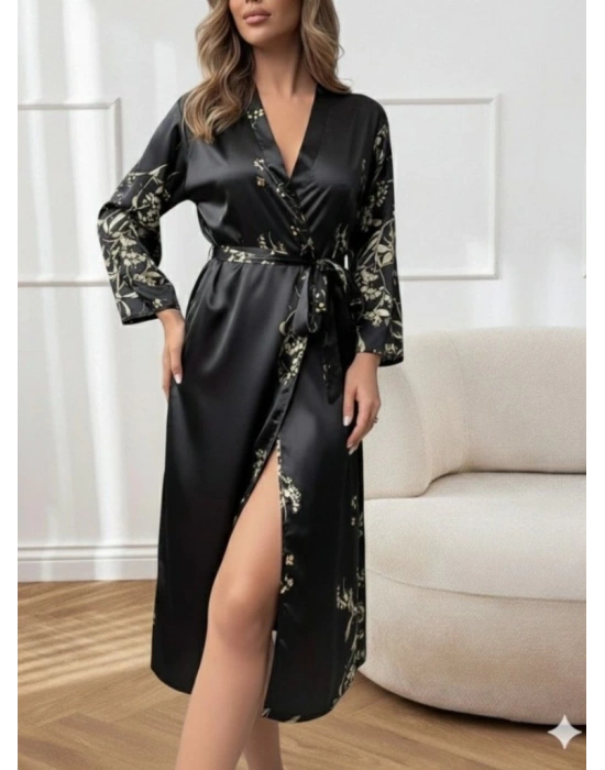 Kadın Uzun Kollu V Yakalı çiçek Baskılı Belden Kuşaklı Midi Saten Gecelik