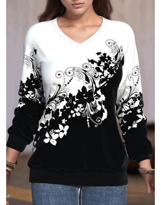 Kadın Uzun Kollu V Yakalı çiçek Baskılı şardonlu Dalgıç Bluz