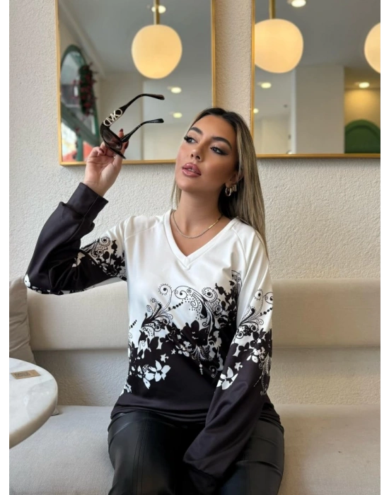 Kadın Uzun Kollu V Yakalı çiçek Baskılı şardonlu Dalgıç Bluz