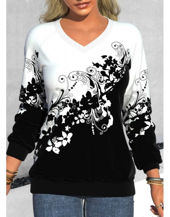 Kadın Uzun Kollu V Yakalı çiçek Baskılı şardonlu Dalgıç Bluz