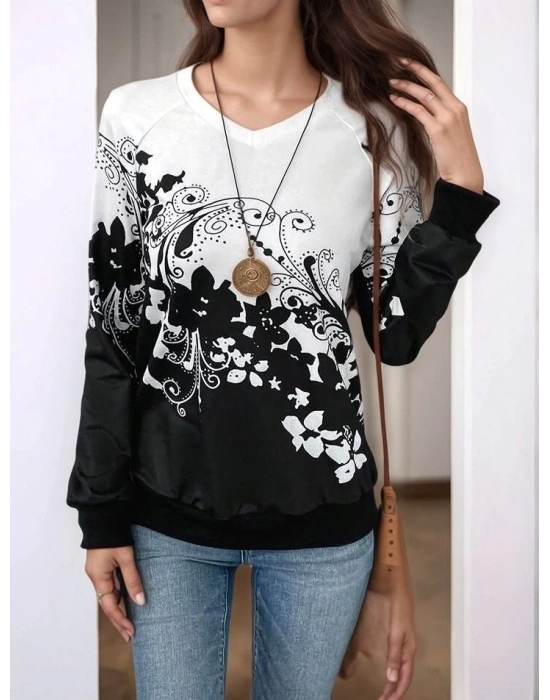 Kadın Uzun Kollu V Yakalı çiçek Baskılı şardonlu Dalgıç Bluz