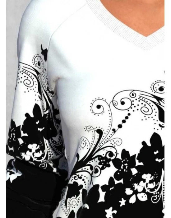 Kadın Uzun Kollu V Yakalı çiçek Baskılı şardonlu Dalgıç Bluz