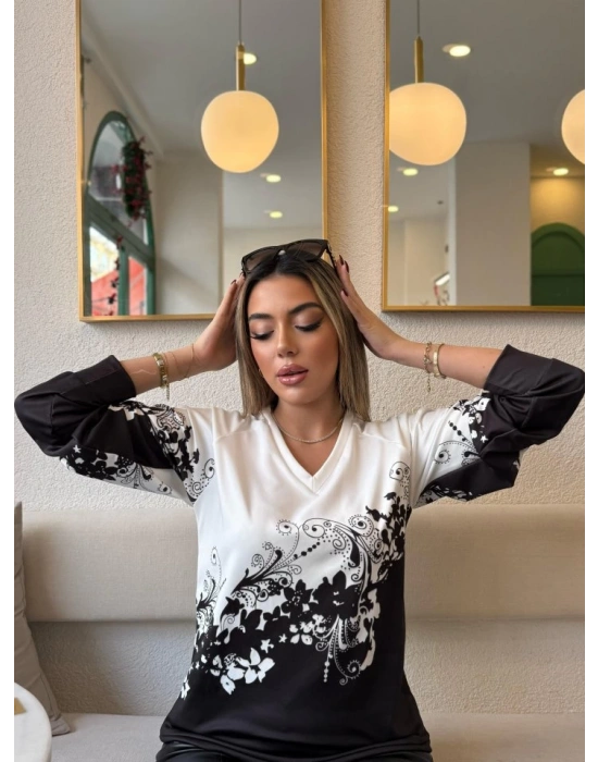 Kadın Uzun Kollu V Yakalı çiçek Baskılı şardonlu Dalgıç Bluz